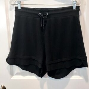 CHRLDR Women Shorts Black Waffle Knit Cotton Drawstring Layered Hem Size M